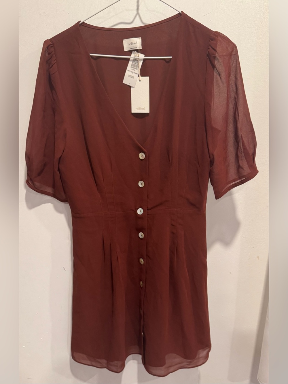 NWT Wilfred Button-Front Mini Dress Rustique brown chiffon flowy boho Puff V US6